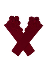 Modyis Burgundy Velvet 3D Floral Off Shoulder Long Sleeve Evening Gloves