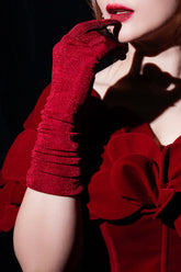 Modyis Crimson Metallic Shimmer Ruched Short Wrist Evening Gloves