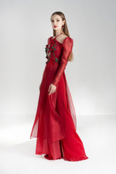 Modyis Red Sheer Puff Sleeve Ao Dai Gown with Phoenix Floral Embroidery