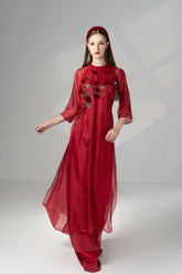 Modyis Red Sheer Organza Ao Dai with 3D Floral & Tassel Embellishment