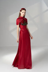 Modyis Red Cape Collar Ao Dai Maxi Dress with 3D Floral Embellishment
