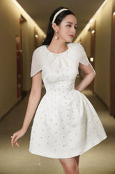 Modyis White Floral Beaded Mini Dress with Cape Sleeves & Pearl Neck