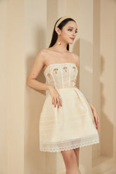 Modyis Ivory Strapless Lace Mini Dress Pearl & Gold Brooch Detail