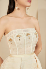Modyis Ivory Strapless Lace Mini Dress Pearl & Gold Brooch Detail