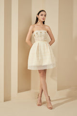 Modyis Ivory Strapless Lace Mini Dress Pearl & Gold Brooch Detail