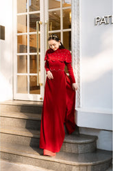 Modyis Red Velvet Ao Dai Maxi Dress - Pearl Trim Long Sleeve