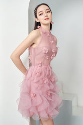 Modyis Pink Halter Neck Tulle Mini Dress with 3D Floral Applique