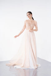 Modyis Blush Pink Sheer Lace High Neck 3/4 Sleeve Ao Dai Maxi Dress