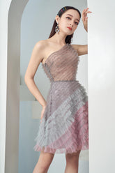 Modyis Pink Grey One Shoulder Tiered Ruffle Tulle Mini Dress