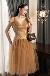 Modyis V-Neck Tulle Midi Dress Cap Sleeve Pearl Bodice