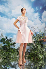 Modyis Blush Satin Cap Sleeve Midi Dress with Floral Embroidery Tulle