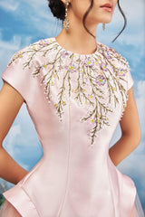 Modyis Blush Satin Cap Sleeve Midi Dress with Floral Embroidery Tulle