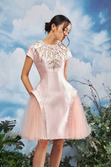 Modyis Blush Satin Cap Sleeve Midi Dress with Floral Embroidery Tulle