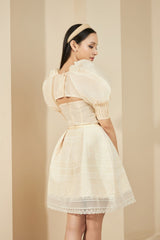 Modyis Ivory Puff Sleeve Lace Mini Dress with Gold Floral Brooch