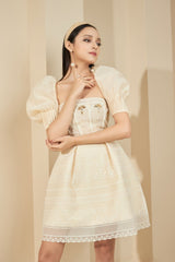 Modyis Ivory Puff Sleeve Lace Mini Dress with Gold Floral Brooch