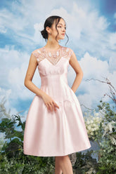 Modyis Blush Satin Midi Dress with Sheer Floral Embroidered Neckline