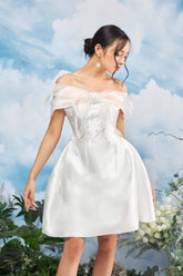 Modyis White Off Shoulder Mini Dress with Organza Pearl Bow Bodice