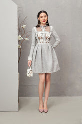 Modyis Long Sleeve Tweed Mini Dress with Floral Lace Bodice