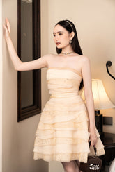 Modyis Yellow Strapless Tiered Tulle Mini Dress with Glitter Detail