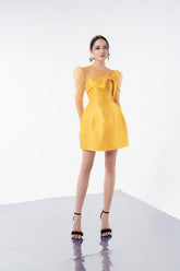 Modyis Mustard Bow Front Mini Dress with Sheer Puff Sleeves