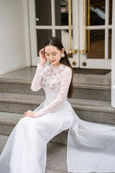 Modyis Ao Dai Organza Maxi Dress - Sheer Floral Applique Long Sleeve
