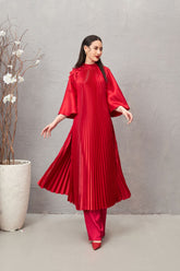 Modyis Crimson Satin Pleated Mock Neck Cape Sleeve Floral Ao Dai Set
