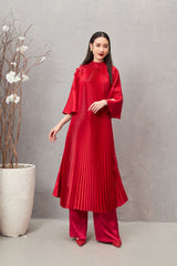 Modyis Crimson Satin Pleated Mock Neck Cape Sleeve Floral Ao Dai Set