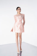 Modyis Blush Pink Long Sleeve Mini Dress with Lace Shoulder & Rose Waist