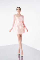 Modyis Blush Pink Long Sleeve Mini Dress with Lace Shoulder & Rose Waist