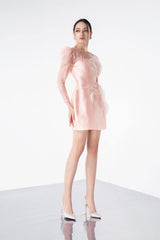 Modyis Blush Pink Long Sleeve Mini Dress with Lace Shoulder & Rose Waist