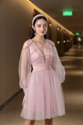 Modyis Blush Pink Tulle Midi Dress with Puff Sleeves & Crystal Detail