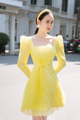 Modyis Crimson Pleated Mini Dress with Puff Sleeves & Tie Waist