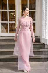 Modyis Pink Ao Dai - 3D Floral Applique Sheer Organza Maxi Dress
