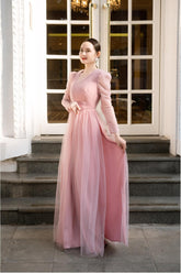 Modyis Pink Ao Dai - V-Neck Puff Sleeve Pleated Tulle Maxi Dress