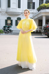Modyis Yellow Ao Dai - Pleated Organza High Neck Maxi Dress