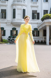 Modyis Lemon Yellow Pleated Organza Twist Front Long Sleeve Ao Dai Set