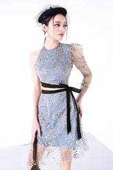 Modyis Dusty Blue Sequin One Shoulder Mini Dress Black Sash