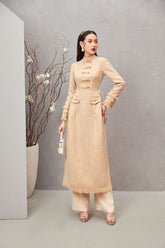 Modyis Champagne Tweed Bow Button Mock Neck Long Sleeve Ao Dai Set