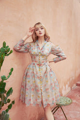 Modyis Pastel Floral V-Neck Midi Dress Puff Sleeve Button Front