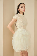 Modyis Cream Pleated Bodice Mini Dress with Puffy Tulle Skirt