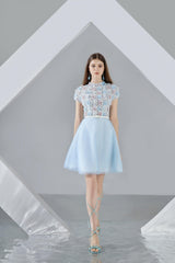 Macy A-line Short Sleeved Organza Mini Dress