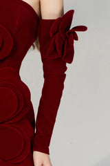 Modyis Burgundy Velvet 3D Floral Off Shoulder Long Sleeve Evening Gloves