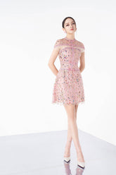 Modyis Pink Embellished Tulle Mini Dress High Neck Bow Waist