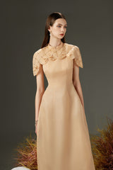 Modyis Champagne Cape Sleeve Ao Dai Gown with Pearl Embellished Collar