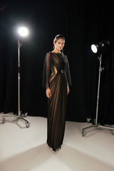 Pierce Pegged Boat Neck Mesh Silk Floor Length Dress