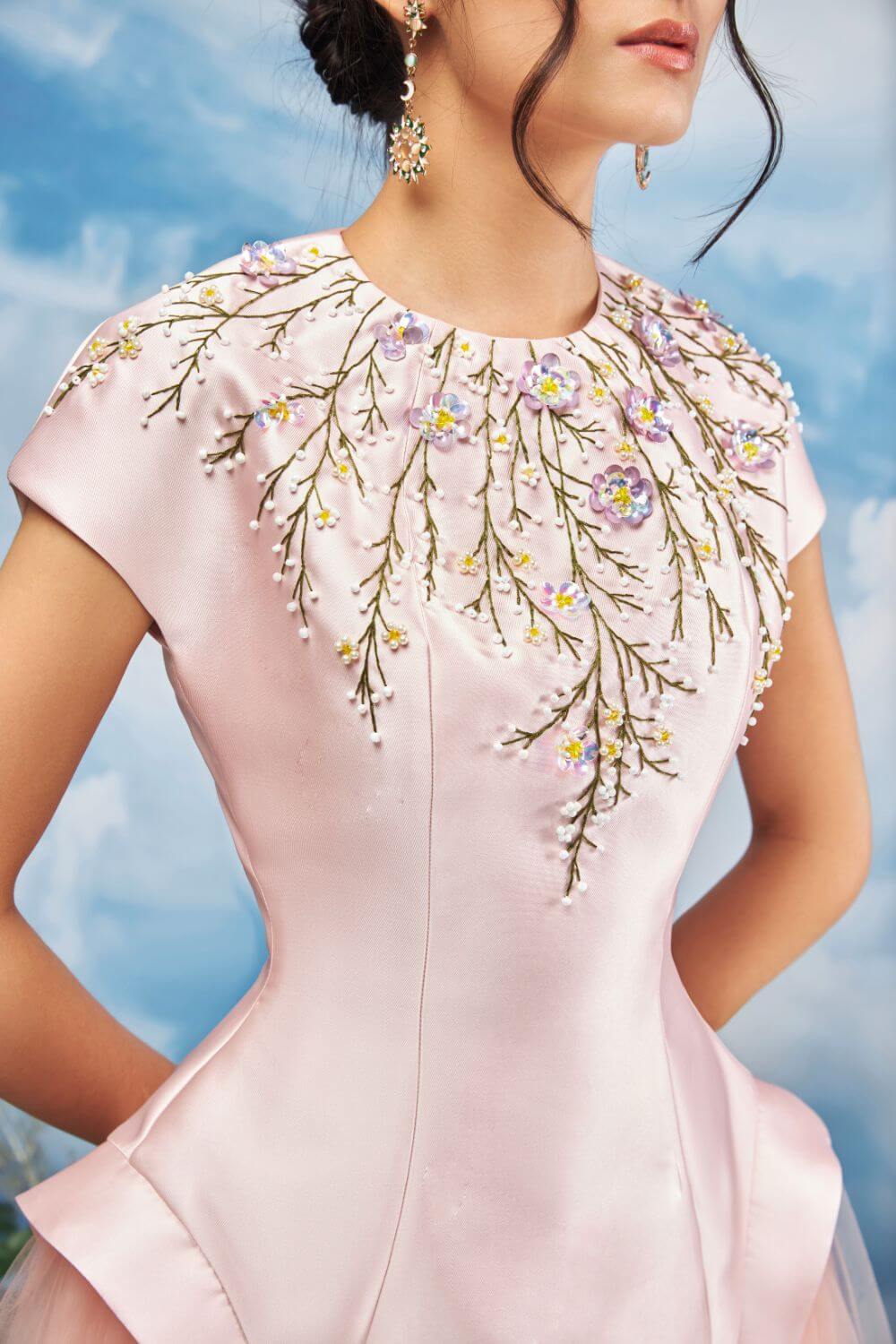 Modyis Blush Satin Cap Sleeve Midi Dress with Floral Embroidery Tulle