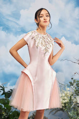 Modyis Blush Satin Cap Sleeve Midi Dress with Floral Embroidery Tulle