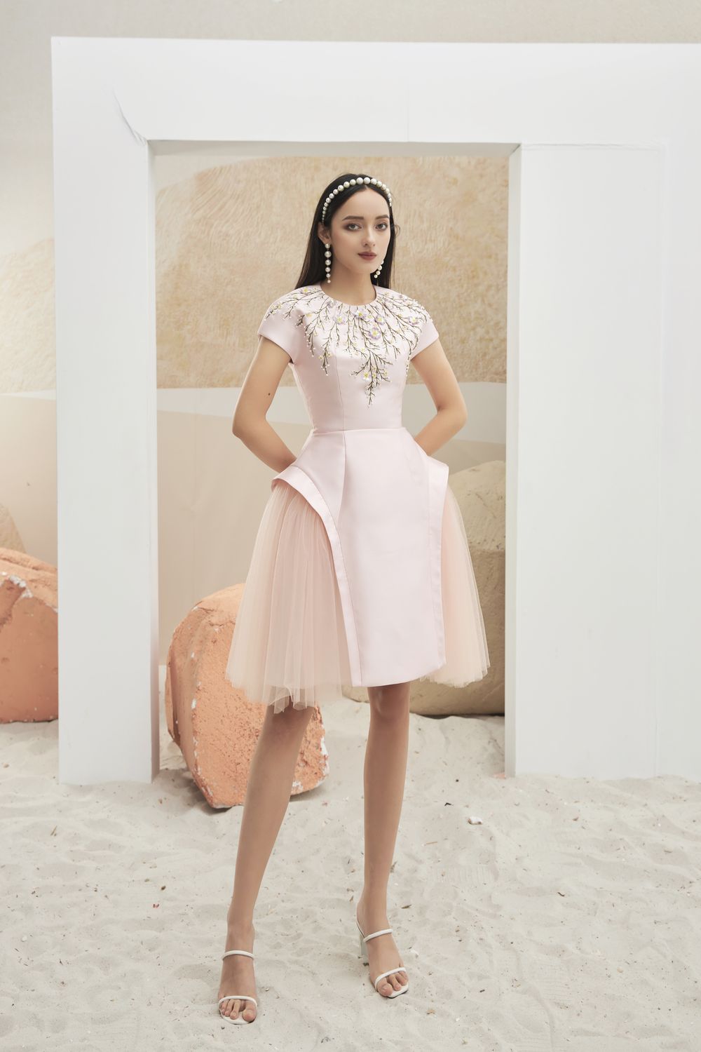 Modyis Blush Satin Cap Sleeve Midi Dress with Floral Embroidery Tulle
