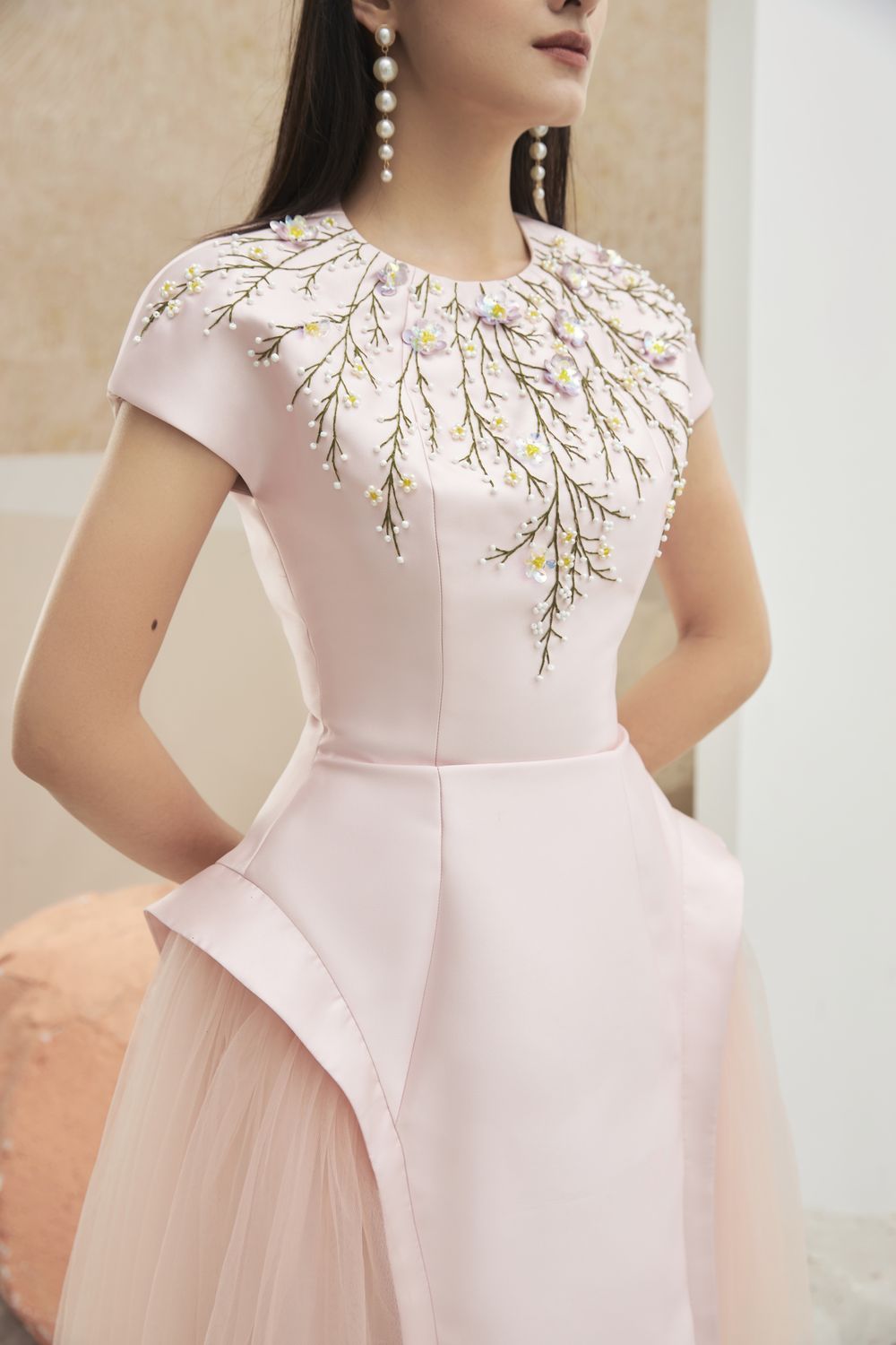 Modyis Blush Satin Cap Sleeve Midi Dress with Floral Embroidery Tulle