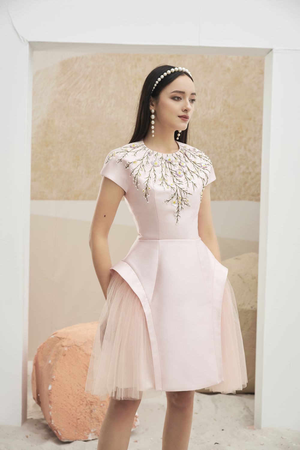 Modyis Blush Satin Cap Sleeve Midi Dress with Floral Embroidery Tulle